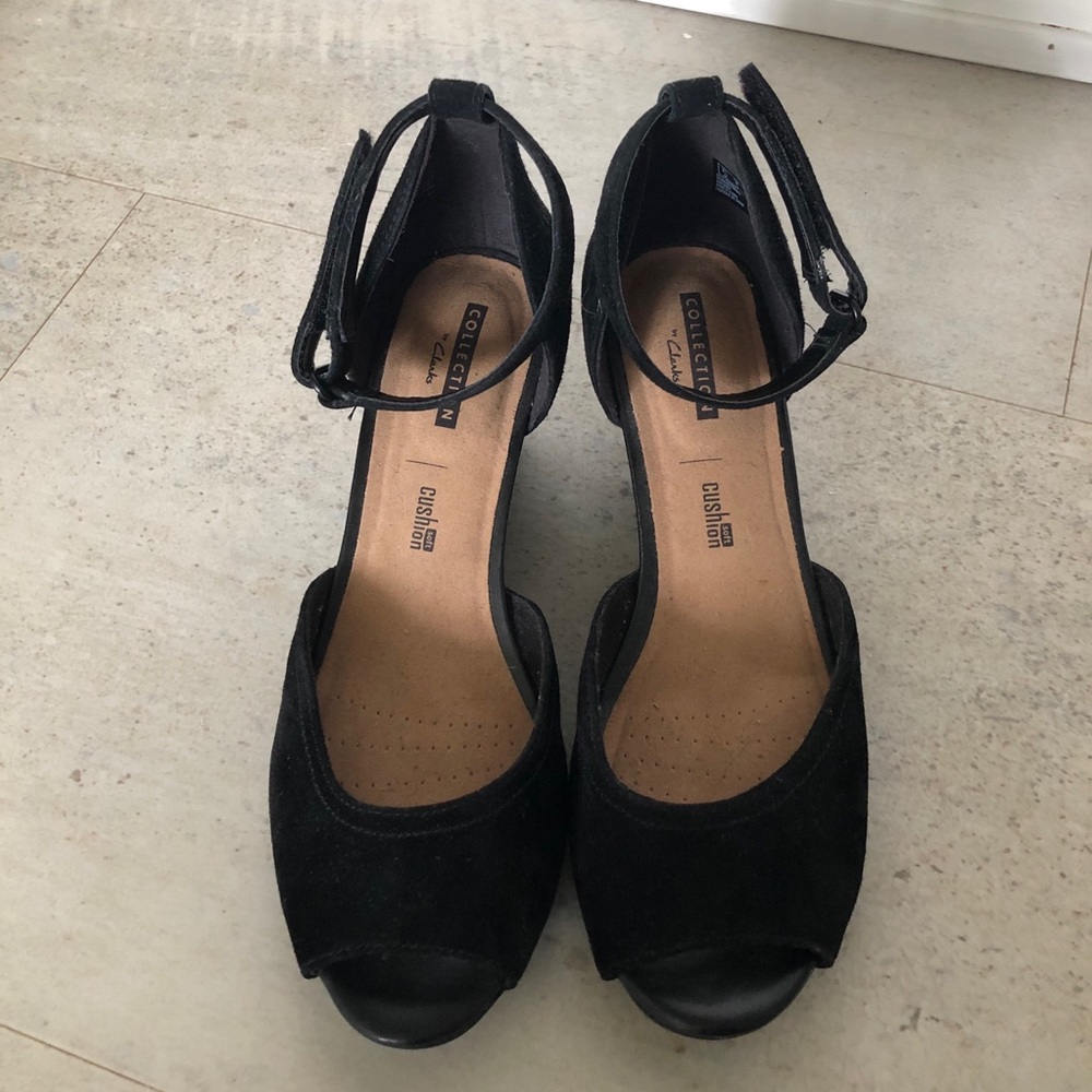 SEEKING* Clark’s Suede Peep Toe Wedges (do you have these?
